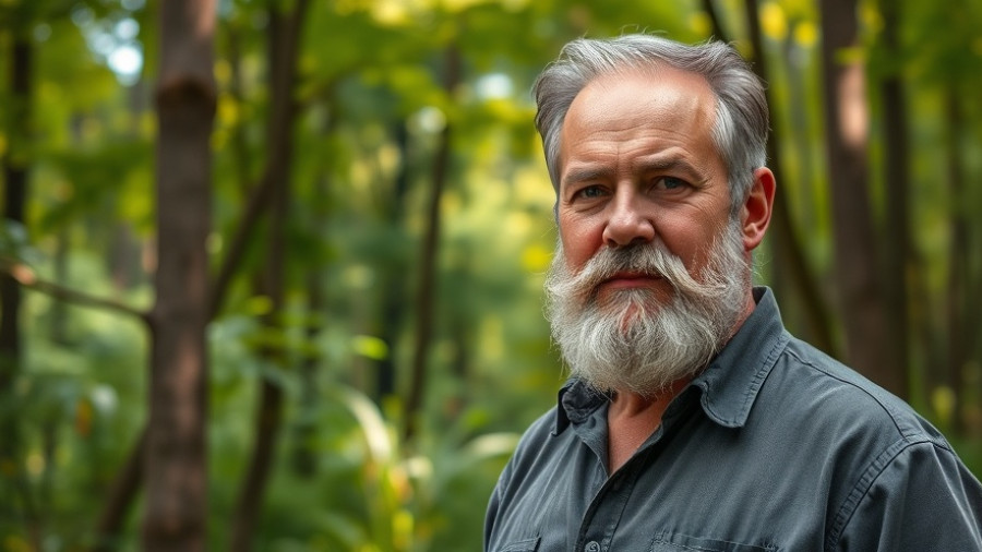Middle-aged man with gray beard in lush forest setting.