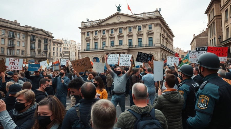Protest scene during UK-China trade relations demonstration with police presence.