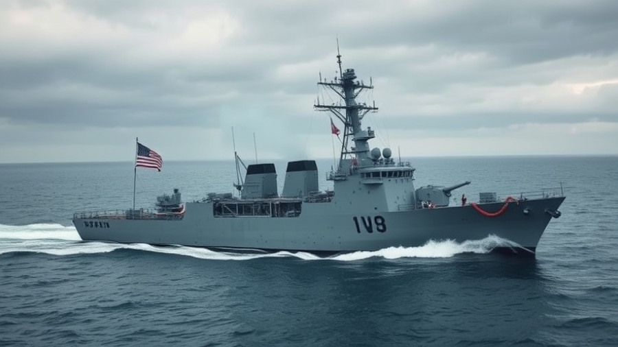 Military ship conveying U.S. military pressure on Venezuela, American flag waving.