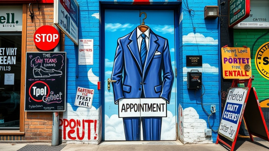 Vibrant mural of a suit on a San Francisco door with local signage.