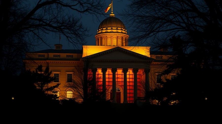 Government building at dusk with scaffolding, Trump's Tariffs and Major Questions Doctrine.