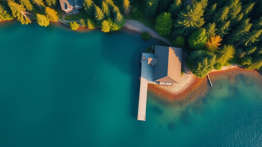 Scenic aerial view of lake house and dock surrounded by forest.
