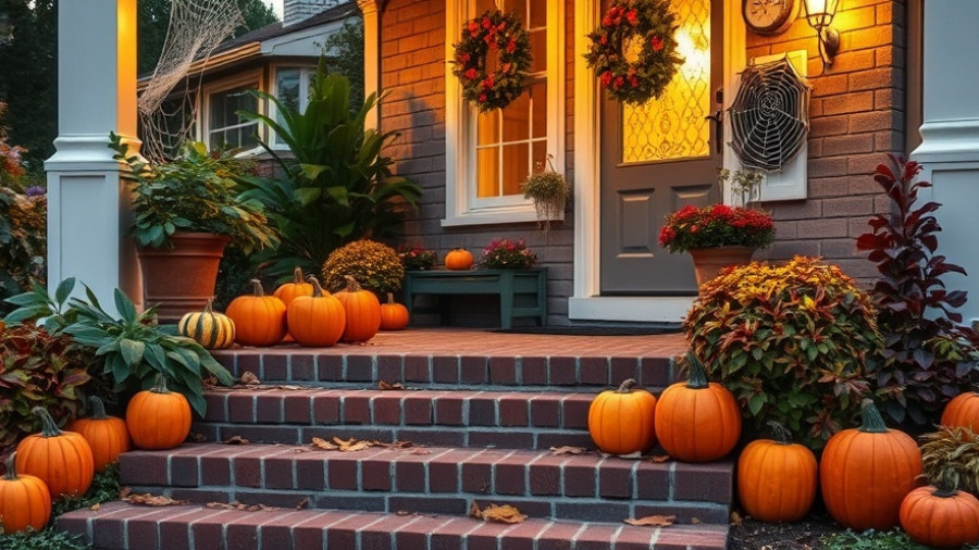 Charming autumn porch decorated with pumpkins and spider webs.