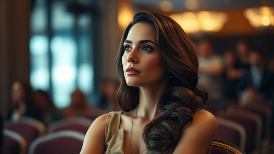 Elegant woman attentively listening indoors with a blurred audience.