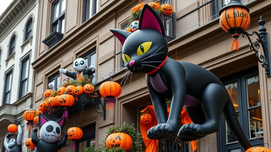 Halloween decorations on a vintage building facade in San Francisco.