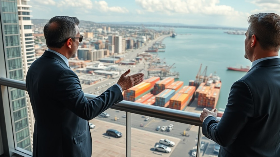Businessmen discussing trade ties overlooking a busy port.