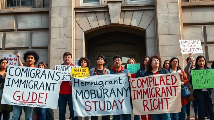 Protesters with solidarity banners at a government building in San Francisco advocating for immigrant rights.
