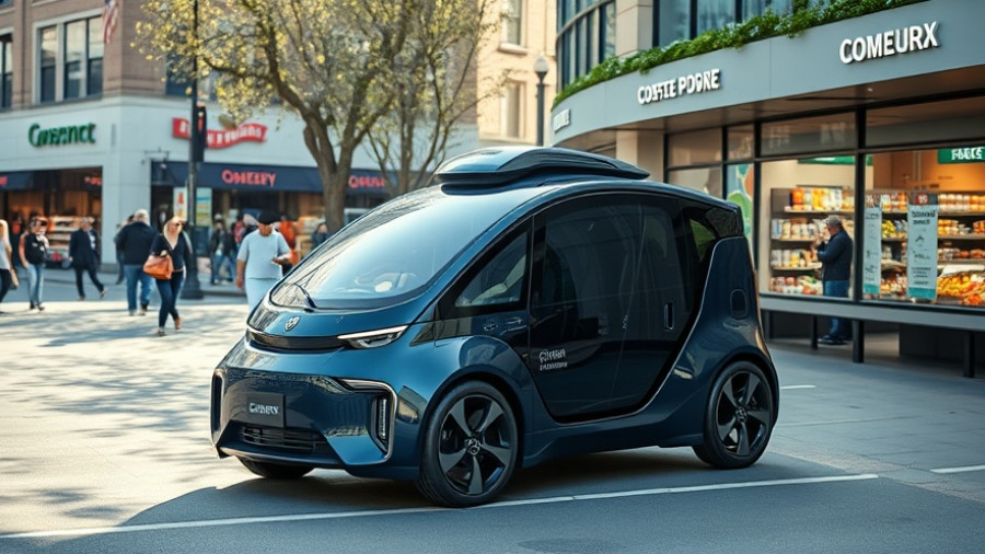 Uber robotaxi service Bay Area 2026: dark blue self-driving car at a store.