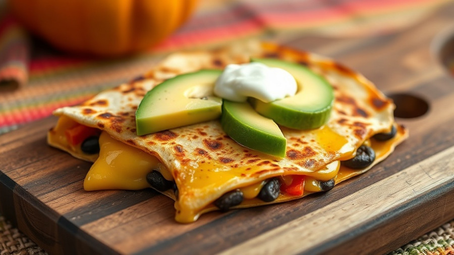 Pumpkin and black bean quesadillas with avocado and sour cream.