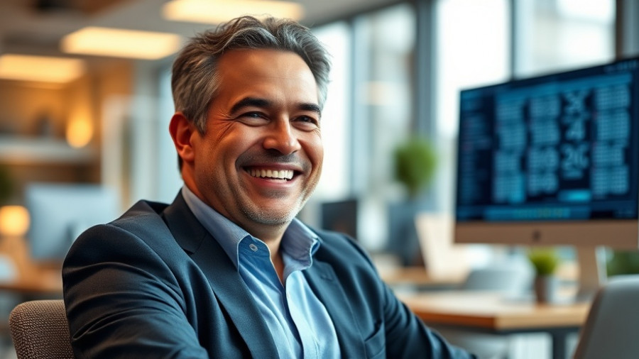 Smiling man in office setting, related to trademark infringement OpenAI Sora Cameo