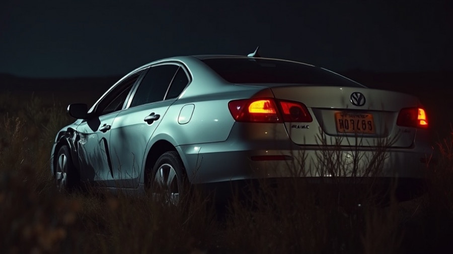 Crashed silver sedan at night in the San Francisco Bay Area.