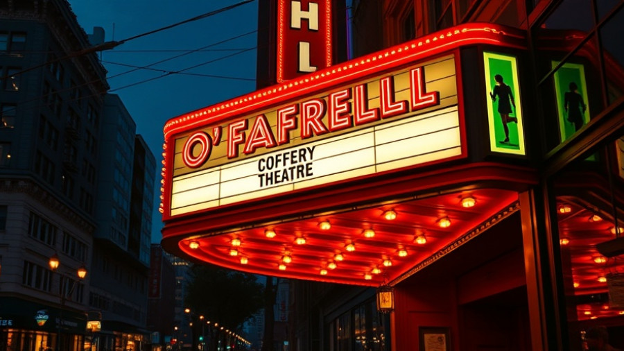 Mitchell Brothers O'Farrell Theatre neon sign lit at dusk.