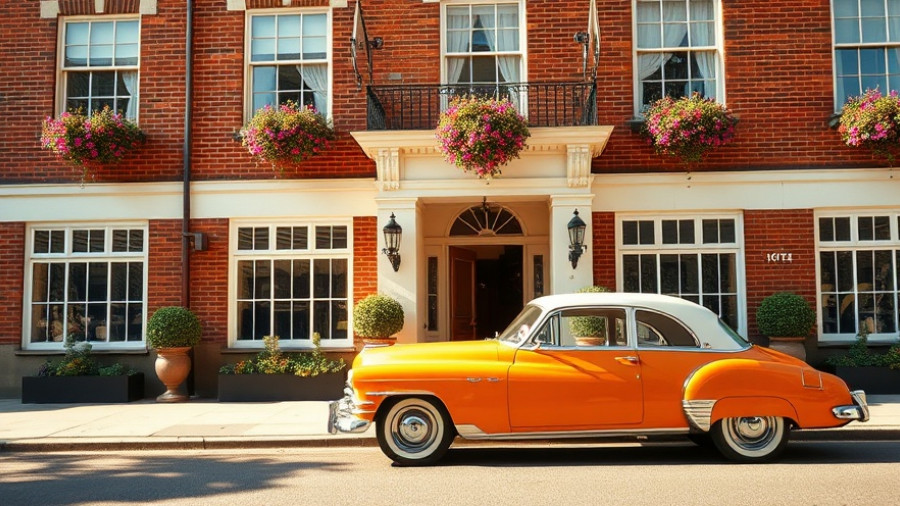 Charming vintage car in front of a boutique hotel entrance.
