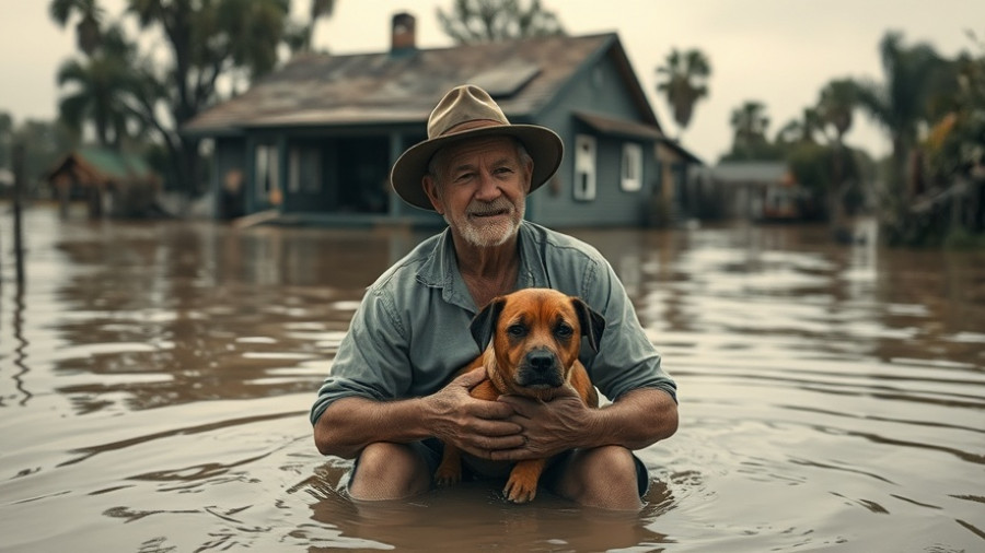 Flood survivor with dog on raft during Hurricane Melissa in Canada.