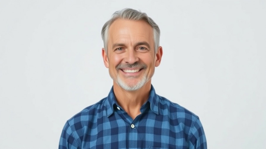 Smiling middle-aged man in blue shirt, plain background