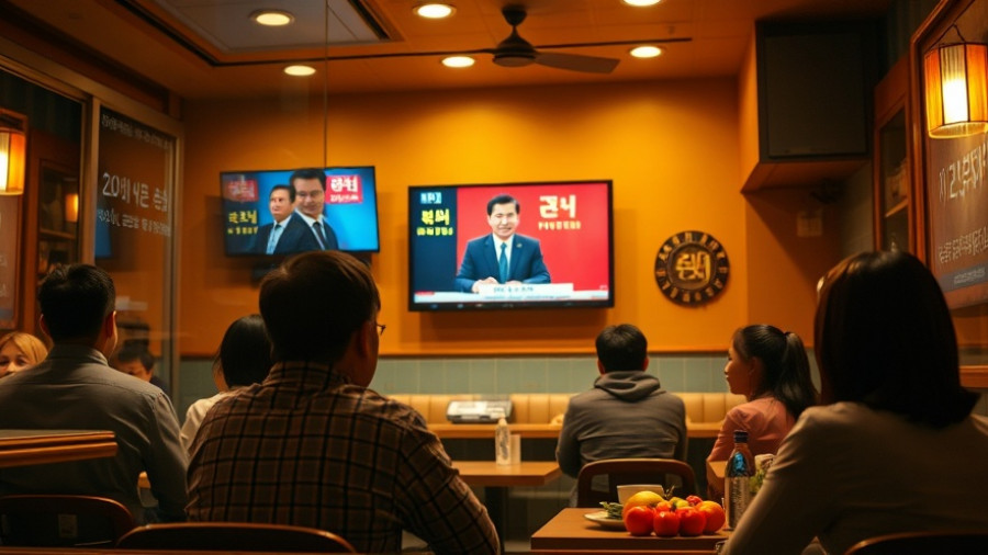 U.S. China Trade Policies discussion on TV in restaurant with Korean signage.