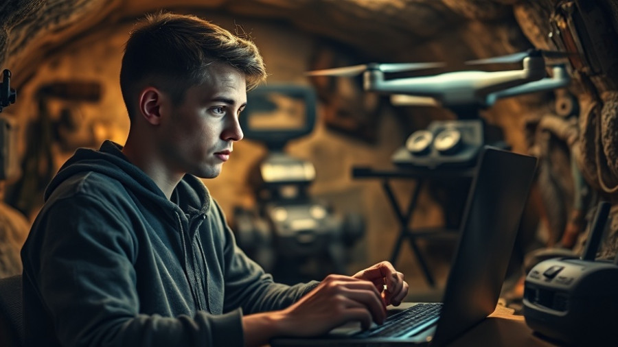 Drone operator in Ukrainian bunker using laptop in warfare gamification.