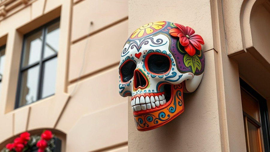 Decorative skull on building wall during SF Trick-or-Treat Street Closures.