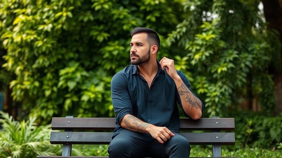 Casual man with tattoos sitting on a bench, SF News.