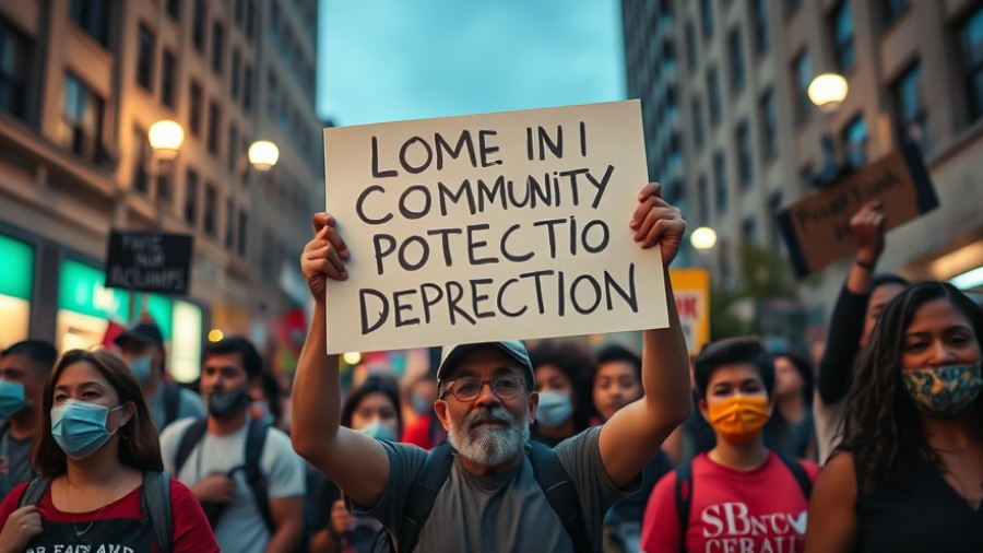 Bay Area immigration activism, protestor with bold sign in urban setting.