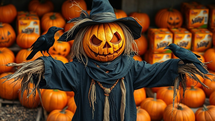 Spooky scarecrow display with pumpkin and crows for San Francisco local news.