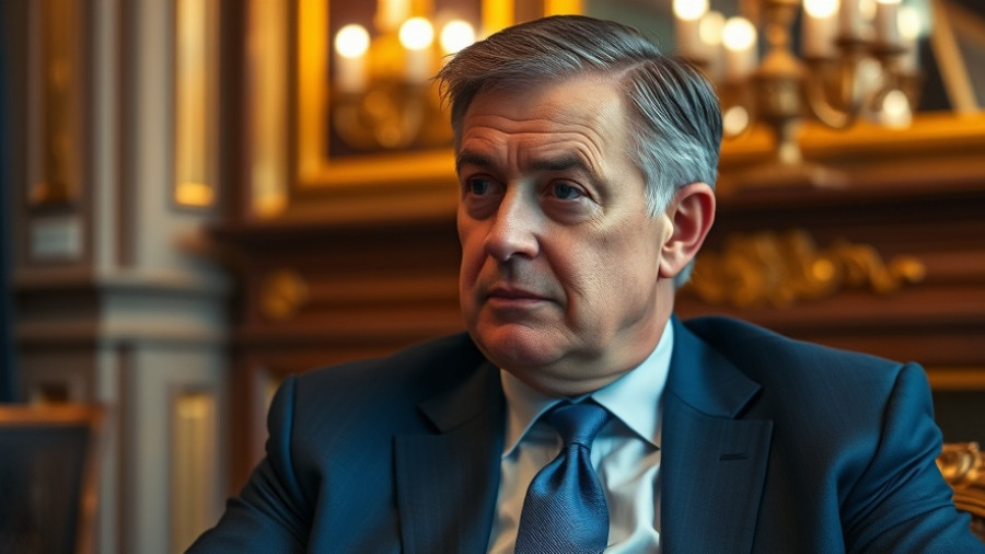 Middle-aged man in suit pondering, elegant room background.