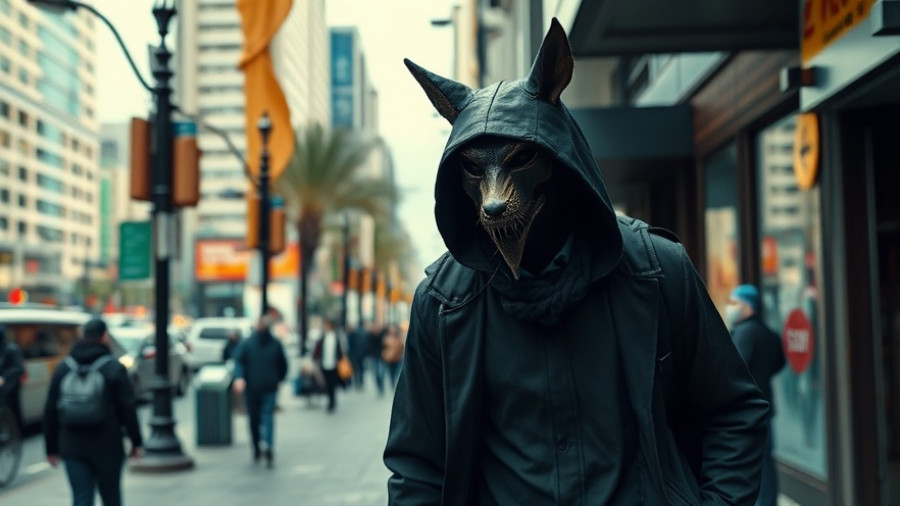 City street view with person in animal mask walking in daylight.