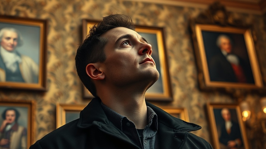 Determined man looking upwards against a portrait backdrop.