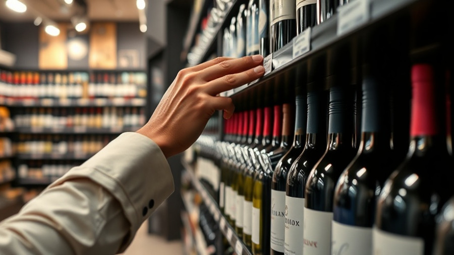 Hand selecting wine bottle on store shelf, Cyclist Survives on Wine.