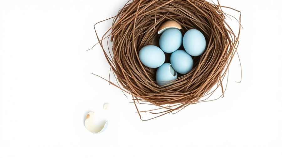 Delicate bird's nest with broken blue eggs on white background, cultural symbolism.