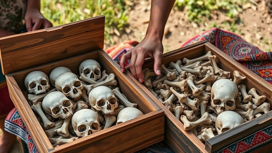 Pomuch Cleaning Bones Tradition with skulls and embroidered cloths.