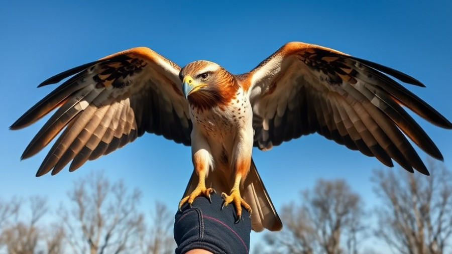 SF News: Majestic hawk perched on a gloved hand under blue sky.