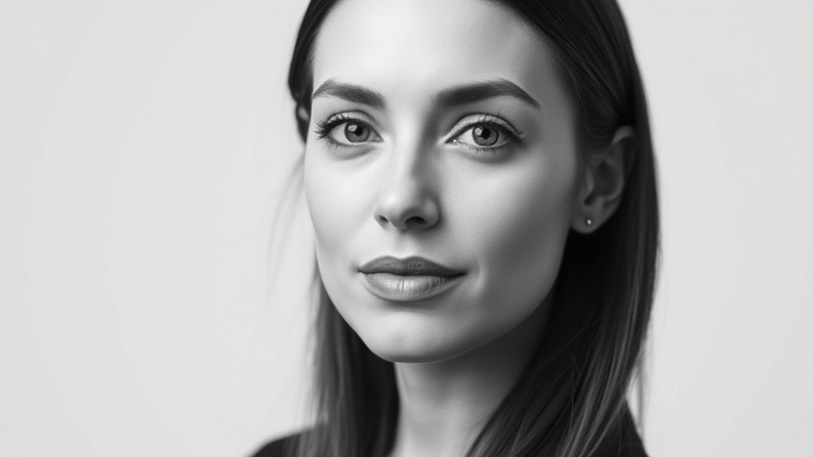 Neutral expression woman portrait, studio lighting, black and white.