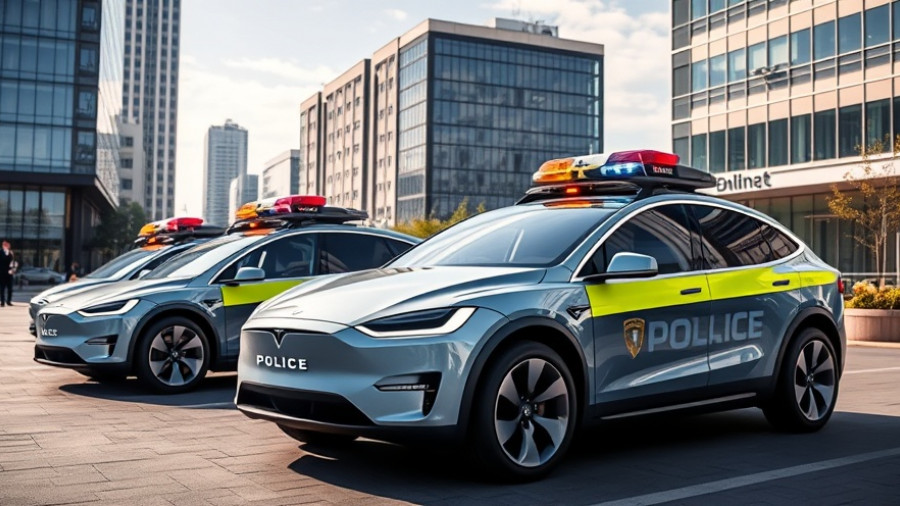 Tesla Cybertrucks in police fleet parked in urban environment.