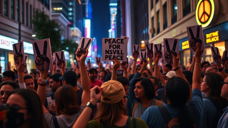 Group advocating for Israel Hamas peace process with signs and drums at night.