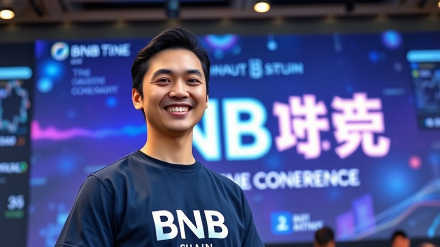 Man at digital conference with BNB Chain shirt.