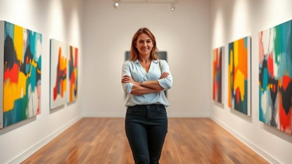Confident woman in art gallery showcasing abstract paintings highlighting Union Square revitalization.