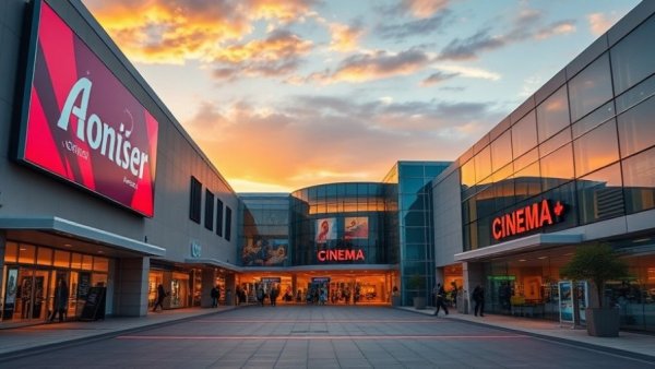 Exterior view of Southland Mall in Hayward during sunset, highlighting cinema signs.