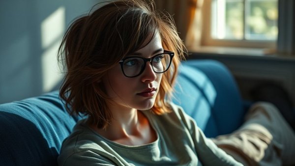 Thoughtful woman on couch reflecting, Tsurkov captivity survival story.