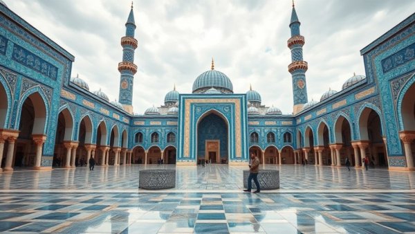 Blue-tiled mosque in Afghanistan, men walking in courtyard.