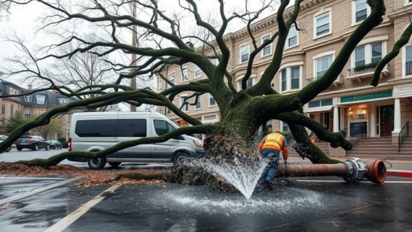 Large tree falls on Nob Hill water main with worker managing spray.