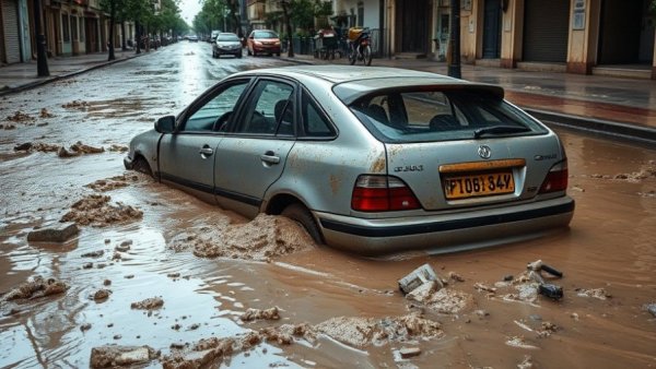 Flood aftermath with damaged car, illustrating Canada foreign aid spending cuts impact.