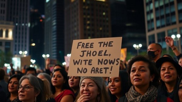 Diverse crowd at night rally for historic 2025 elections.