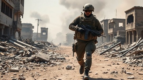 Soldier in Battle for Pokrovsk amid destroyed buildings.