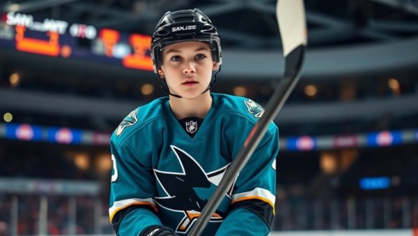 San Jose Sharks player on ice during a game holding a hockey stick.
