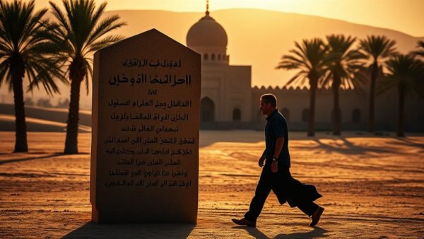 Silhouette of man by Arabic-inscribed stone in Saudi Arabia, highlighted by warm lighting.