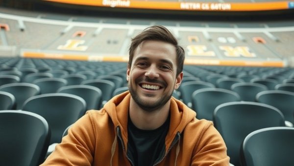 Smiling man seated in a stadium with team logos in the background.