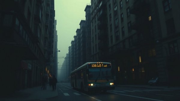 Dim urban street with bus amidst Ukraine energy crisis, highlighting the dark environment.
