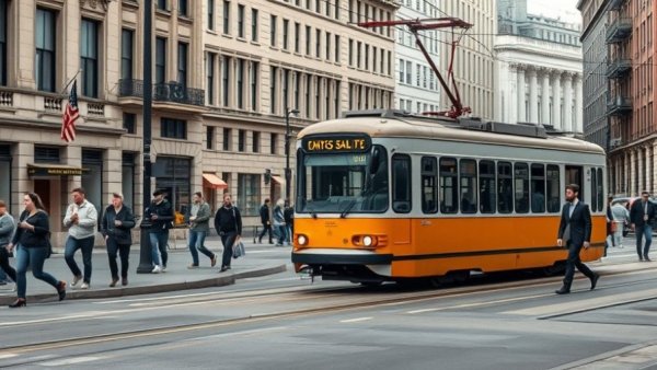 Classic streetcar in city, relates to No ICE at 2026 Super Bowl.