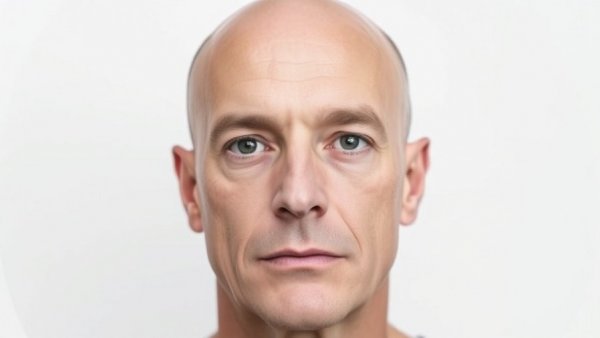 Bald man facing forward in monochrome portrait.